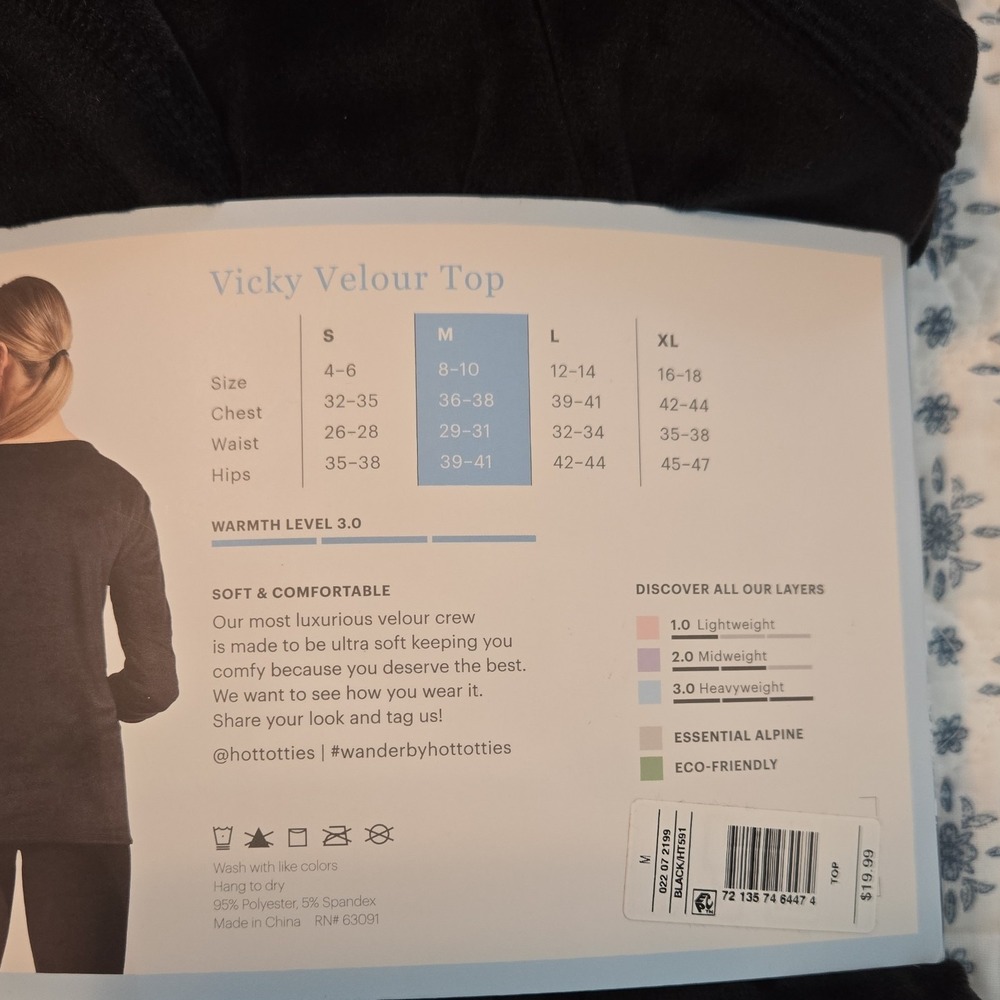 NWT Womens Wander by Hottotties Vicky Velour Black Long Sleeve. Size Medium. - Picture 6 of 7